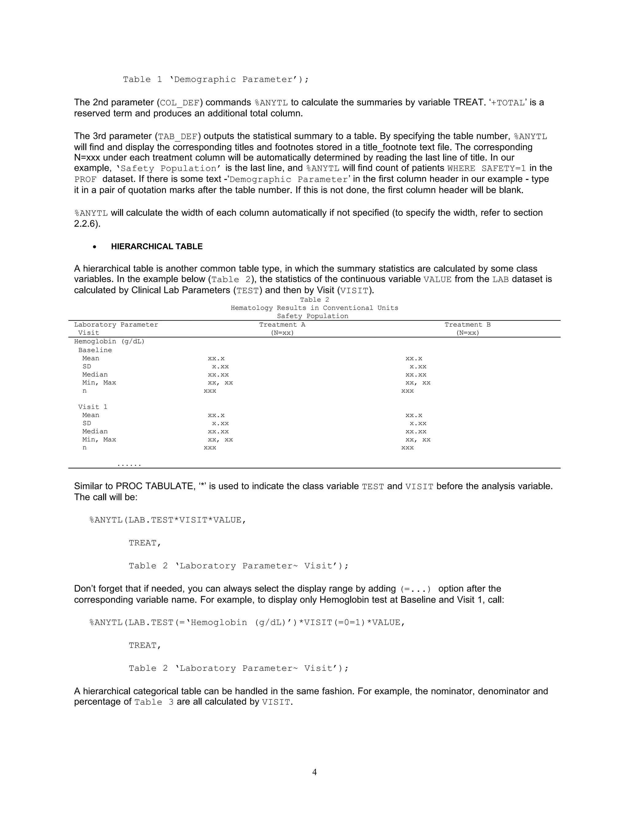 Table 1 ‘Demographic Parameter’);

The 2nd parameter (COL_DEF) commands %ANYTL to calculate the summaries by variable TREAT. ‘+TOTAL’ is a
reserved term and produces an additional total column.

The 3rd parameter (TAB_DEF) outputs the statistical summary to a table. By specifying the table number, %ANYTL
will find and display the corresponding titles and footnotes stored in a title_footnote text file. The corresponding
N=xxx under each treatment column will be automatically determined by reading the last line of title. In our
example, ‘Safety Population’ is the last line, and %ANYTL will find count of patients WHERE SAFETY=1 in the
PROF dataset. If there is some text -‘Demographic Parameter’ in the first column header in our example - type
it in a pair of quotation marks after the table number. If this is not done, the first column header will be blank.

%ANYTL will calculate the width of each column automatically if not specified (to specify the width, refer to section
2.2.6).

    •    HIERARCHICAL TABLE

A hierarchical table is another common table type, in which the summary statistics are calculated by some class
variables. In the example below (Table 2), the statistics of the continuous variable VALUE from the LAB dataset is
calculated by Clinical Lab Parameters (TEST) and then by Visit (VISIT).
                                                        Table 2
                                       Hematology Results in Conventional Units
                                                  Safety Population
Laboratory Parameter                          Treatment A                                   Treatment B
 Visit                                          (N=xx)                                        (N=xx)
Hemoglobin (g/dL)
 Baseline
  Mean                           xx.x                                              xx.x
  SD                              x.xx                                              x.xx
  Median                         xx.xx                                             xx.xx
  Min, Max                       xx, xx                                            xx, xx
  n                             xxx                                               xxx

 Visit 1
  Mean                           xx.x                                              xx.x
  SD                              x.xx                                              x.xx
  Median                         xx.xx                                             xx.xx
  Min, Max                       xx, xx                                            xx, xx
  n                             xxx                                               xxx

             ......


Similar to PROC TABULATE, ‘*’ is used to indicate the class variable TEST and VISIT before the analysis variable.
The call will be:

   %ANYTL(LAB.TEST*VISIT*VALUE,

               TREAT,

               Table 2 ‘Laboratory Parameter~ Visit’);

Don’t forget that if needed, you can always select the display range by adding (=...) option after the
corresponding variable name. For example, to display only Hemoglobin test at Baseline and Visit 1, call:

   %ANYTL(LAB.TEST(=‘Hemoglobin (g/dL)’)*VISIT(=0=1)*VALUE,

               TREAT,

               Table 2 ‘Laboratory Parameter~ Visit’);

A hierarchical categorical table can be handled in the same fashion. For example, the nominator, denominator and
percentage of Table 3 are all calculated by VISIT.




                                                           4
 