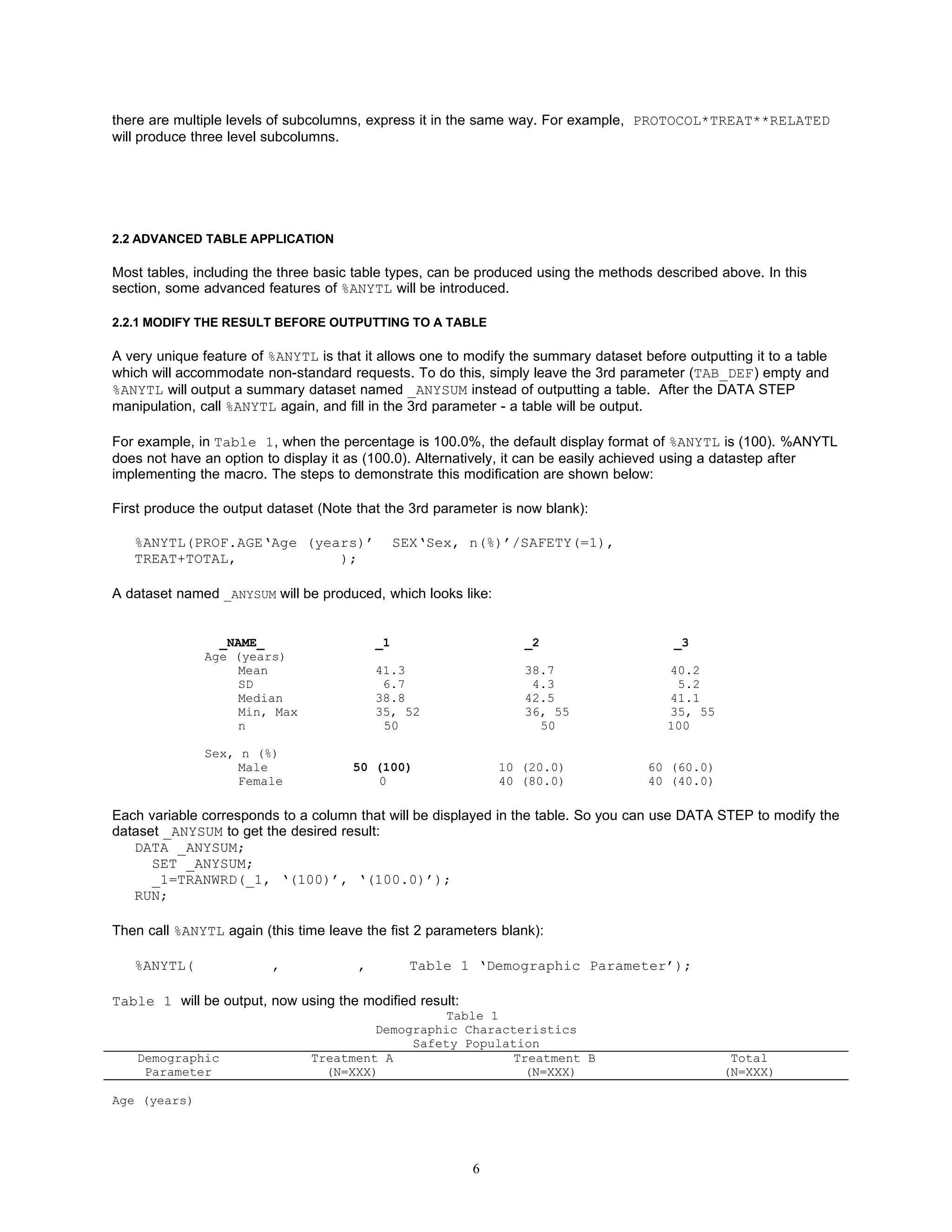 there are multiple levels of subcolumns, express it in the same way. For example, PROTOCOL*TREAT**RELATED
will produce three level subcolumns.




2.2 ADVANCED TABLE APPLICATION

Most tables, including the three basic table types, can be produced using the methods described above. In this
section, some advanced features of %ANYTL will be introduced.

2.2.1 MODIFY THE RESULT BEFORE OUTPUTTING TO A TABLE

A very unique feature of %ANYTL is that it allows one to modify the summary dataset before outputting it to a table
which will accommodate non-standard requests. To do this, simply leave the 3rd parameter (TAB_DEF) empty and
%ANYTL will output a summary dataset named _ANYSUM instead of outputting a table. After the DATA STEP
manipulation, call %ANYTL again, and fill in the 3rd parameter - a table will be output.

For example, in Table 1, when the percentage is 100.0%, the default display format of %ANYTL is (100). %ANYTL
does not have an option to display it as (100.0). Alternatively, it can be easily achieved using a datastep after
implementing the macro. The steps to demonstrate this modification are shown below:

First produce the output dataset (Note that the 3rd parameter is now blank):

   %ANYTL(PROF.AGE‘Age (years)’                 SEX‘Sex, n(%)’/SAFETY(=1),
   TREAT+TOTAL,            );

A dataset named _ANYSUM will be produced, which looks like:


                _NAME_                     _1                     _2                      _3
              Age (years)
                  Mean                     41.3                   38.7                   40.2
                  SD                        6.7                    4.3                    5.2
                  Median                   38.8                   42.5                   41.1
                  Min, Max                 35, 52                 36, 55                 35, 55
                  n                         50                      50                   100

              Sex, n (%)
                  Male                50 (100)                10 (20.0)              60 (60.0)
                  Female                 0                    40 (80.0)              40 (40.0)

Each variable corresponds to a column that will be displayed in the table. So you can use DATA STEP to modify the
dataset _ANYSUM to get the desired result:
   DATA _ANYSUM;
      SET _ANYSUM;
      _1=TRANWRD(_1, ‘(100)’, ‘(100.0)’);
   RUN;

Then call %ANYTL again (this time leave the fist 2 parameters blank):

   %ANYTL(               ,             ,          Table 1 ‘Demographic Parameter’);

Table 1 will be output, now using the modified result:
                                                 Table 1
                                        Demographic Characteristics
                                             Safety Population
    Demographic                Treatment A                Treatment B                              Total
     Parameter                   (N=XXX)                    (N=XXX)                               (N=XXX)

Age (years)




                                                         6
 