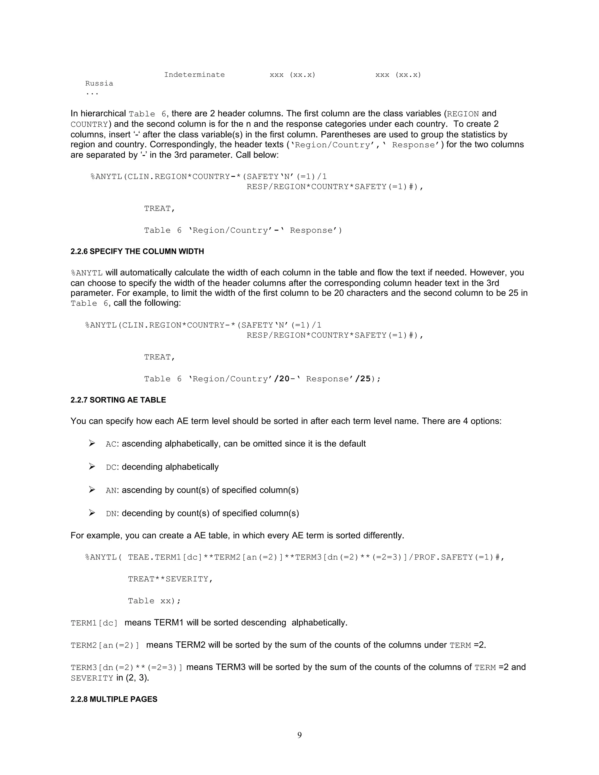 Indeterminate              xxx (xx.x)                   xxx (xx.x)
   Russia
   ...

In hierarchical Table 6, there are 2 header columns. The first column are the class variables (REGION and
COUNTRY) and the second column is for the n and the response categories under each country. To create 2
columns, insert ‘-‘ after the class variable(s) in the first column. Parentheses are used to group the statistics by
region and country. Correspondingly, the header texts (‘Region/Country’,‘ Response’) for the two columns
are separated by ‘-’ in the 3rd parameter. Call below:

    %ANYTL(CLIN.REGION*COUNTRY-*(SAFETY‘N’(=1)/1
                                 RESP/REGION*COUNTRY*SAFETY(=1)#),

                   TREAT,

                   Table 6 ‘Region/Country’-‘ Response’)

2.2.6 SPECIFY THE COLUMN WIDTH

%ANYTL will automatically calculate the width of each column in the table and flow the text if needed. However, you
can choose to specify the width of the header columns after the corresponding column header text in the 3rd
parameter. For example, to limit the width of the first column to be 20 characters and the second column to be 25 in
Table 6, call the following:

   %ANYTL(CLIN.REGION*COUNTRY-*(SAFETY‘N’(=1)/1
                                 RESP/REGION*COUNTRY*SAFETY(=1)#),

                   TREAT,

                   Table 6 ‘Region/Country’/20-‘ Response’/25);

2.2.7 SORTING AE TABLE

You can specify how each AE term level should be sorted in after each term level name. There are 4 options:

        AC: ascending alphabetically, can be omitted since it is the default

        DC: decending alphabetically

        AN: ascending by count(s) of specified column(s)

        DN: decending by count(s) of specified column(s)

For example, you can create a AE table, in which every AE term is sorted differently.

   %ANYTL( TEAE.TERM1[dc]**TERM2[an(=2)]**TERM3[dn(=2)**(=2=3)]/PROF.SAFETY(=1)#,

              TREAT**SEVERITY,

              Table xx);

TERM1[dc] means TERM1 will be sorted descending alphabetically.

TERM2[an(=2)] means TERM2 will be sorted by the sum of the counts of the columns under TERM =2.

TERM3[dn(=2)**(=2=3)] means TERM3 will be sorted by the sum of the counts of the columns of TERM =2 and
SEVERITY in (2, 3).

2.2.8 MULTIPLE PAGES



                                                           9
 