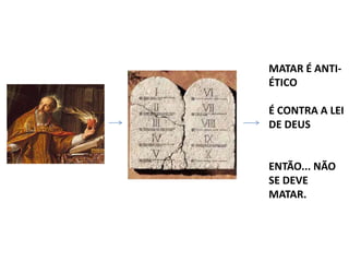 MATAR É ANTI-
ÉTICO
É CONTRA A LEI
DE DEUS
ENTÃO... NÃO
SE DEVE
MATAR.
 
