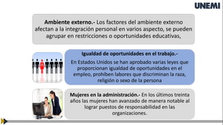 Ambiente externo.- Los factores del ambiente externo
afectan a la integración personal en varios aspecto, se pueden
agrupar en restricciones o oportunidades educativas,
Igualdad de oportunidades en el trabajo.-
En Estados Unidos se han aprobado varias leyes que
proporcionan igualdad de oportunidades en el
empleo, prohíben labores que discriminan la raza,
religión o sexo de la persona
Mujeres en la administración.- En los últimos treinta
años las mujeres han avanzado de manera notable al
lograr puestos de responsabilidad en las
organizaciones.
 