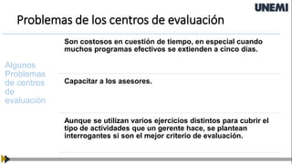 Problemas de los centros de evaluación
Algunos
Problemas
de centros
de
evaluación
Son costosos en cuestión de tiempo, en especial cuando
muchos programas efectivos se extienden a cinco días.
Capacitar a los asesores.
Aunque se utilizan varios ejercicios distintos para cubrir el
tipo de actividades que un gerente hace, se plantean
interrogantes si son el mejor criterio de evaluación.
 