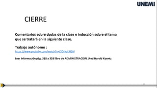 42
Comentarios sobre dudas de la clase e inducción sobre el tema
que se tratará en la siguiente clase.
Trabajo autónomo :
https://www.youtube.com/watch?v=J3OrkoLKQAI
Leer información pág. 318 a 338 libro de ADMINISTRACION 14ed Harold Koontz
CIERRE
 