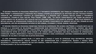 O SEGUNDO PRINCÍPIO DA PEDAGOGIA FREINETIANA É O TRATAMENTO EXPERIMENTAL QUE TRABALHA A SENSIBILIDADE DOS ALUNOS.
PARA FREINET A APRENDIZAGEM É CONSTRUÍDA PELA CRIANÇA ATRAVÉS DA ELABORAÇÃO DE HIPÓTESES QUE SÃO TESTADAS PODENDO
TORNAR-SE UMA APROPRIAÇÃO CONCRETA DO CONHECIMENTO, E A PESQUISA QUE A CRIANÇA REALIZA USANDO O TRATAMENTO
EXPERIMENTAL POSSIBILITA ESSA ANÁLISE. PARA FREINET (1969, P.85), “OS ÚNICOS CONHECIMENTOS QUE PODEM INFLUENCIAR O
COMPORTAMENTO DE UM INDIVÍDUO SÃO AQUELES QUE ELE DESCOBRE SOZINHO E DOS QUAIS SE APROPRIA”. ESSE PILAR PRESENTE NO
MÉTODO NATURAL DE APRENDIZAGEM POSSIBILITA AO ALUNO UM MAIOR CONHECIMENTO DO AMBIENTE EM QUE VIVE, ATRAVÉS DE SUAS
DESCOBERTAS, QUE SÃO NECESSIDADES NATURAIS DO SER HUMANO, UTILIZANDO O TATEAR, SONDAR, INVESTIGAR.
O TERCEIRO PRINCÍPIO DA PEDAGOGIA FREINETIANA TRATA-SE DA COOPERAÇÃO. DE ACORDO COM FREINET, É ATRAVÉS DESTA QUE AS
CRIANÇAS E O EDUCADOR SE RELACIONAM E DESENVOLVEM SUAS RESPONSABILIDADES E COMPETÊNCIAS, HAVENDO UMA MAIOR
VALORIZAÇÃO MÚTUA E, PRINCIPALMENTE, A PRÁTICA REAL DA LIBERDADE PESSOAL NECESSÁRIA. DIANTE DA TROCA DE EXPERIÊNCIAS E
CONHECIMENTOS ENTRE OS ALUNOS, ESTES PASSAM A SE TORNAR SERES AUTÔNOMOS COM SEUS PROCESSOS DE APRENDIZAGEM,
CONSEGUEM ATRIBUIR SIGNIFICÂNCIA À PRÁTICA EDUCATIVA EXERCIDA E ESSA COOPERAÇÃO CONTRIBUI CONSIDERAVELMENTE PARA A
FORMAÇÃO DE VALORES E ATITUDES NOS SUJEITOS ENVOLVIDOS.
A LIVRE EXPRESSÃO É O QUARTO PILAR, E É NESTA QUE A CRIANÇA É CAPAZ DE EXPRESSAR SEUS SENTIMENTOS, EMOÇÕES,
PENSAMENTOS, CONHECIMENTOS PRÉVIOS ATRAVÉS DE UMA APRENDIZAGEM REAL E SIGNIFICATIVA. QUANDO A CRIANÇA SENTE
SEGURANÇA E CONFIANÇA NO AMBIENTE EM QUE ESTA INSERIDA, TORNA-SE POSSÍVEL O CRESCIMENTO E O DESENVOLVIMENTO DE SUAS
POTENCIALIDADES E DE SUA AUTOCONFIANÇA.
 