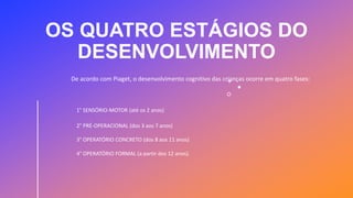 OS QUATRO ESTÁGIOS DO
DESENVOLVIMENTO
De acordo com Piaget, o desenvolvimento cognitivo das crianças ocorre em quatro fases:
1° SENSÓRIO-MOTOR (até os 2 anos)
2° PRÉ-OPERACIONAL (dos 3 aos 7 anos)
3° OPERATÓRIO CONCRETO (dos 8 aos 11 anos)
4° OPERATÓRIO FORMAL (a partir dos 12 anos).
 