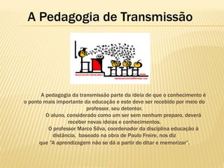 A Pedagogia de Transmissão

A pedagogia da transmissão parte da ideia de que o conhecimento é
o ponto mais importante da educação e este deve ser recebido por meio do
professor, seu detentor.
O aluno, considerado como um ser sem nenhum preparo, deverá
receber novas ideias e conhecimentos.
O professor Marco Silva, coordenador da disciplina educação à
distância, baseado na obra de Paulo Freire, nos diz
que ”A aprendizagem não se dá a partir do ditar e memorizar”.

 