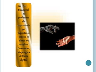 Na EAD
tradicional,
os
professores
são
responsáveis
por
depositar os
textos e os
alunosem
recebê-los.
Como antes,
só que agora
de forma
digital.
 