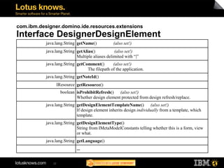 com.ibm.designer.domino.ide.resources.extensions
Interface DesignerDesignElement
           java.lang.String getName()            (also set!)
           java.lang.String getAlias()           (also set!)
                            Multiple aliases delimited with “|”
           java.lang.String getComment()       (also set!)
                                 The filepath of the application.
           java.lang.String getNoteId()
                    IResource getResource()
                     boolean isProhibitRefresh() (also set!)
                             Whether design element protected from design refresh/replace.
           java.lang.String getDesignElementTemplateName() (also set!)
                            If design element inherits design individually from a template, which
                            template.
           java.lang.String getDesignElementType()
                            String from IMetaModelConstants telling whether this is a form, view
                            or what.
           java.lang.String getLanguage()
                             ...


               22
 