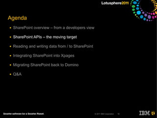 Agenda
●   SharePoint overview – from a developers view

●   SharePoint APIs – the moving target

●   Reading and writing data from / to SharePoint

●   Integrating SharePoint into Xpages

●   Migrating SharePoint back to Domino

●   Q&A




                                                    © 2011 IBM Corporation   15
 