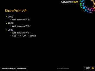 SharePoint API
●   2003
     ─   Web services WS-*
●   2007
     ─   Web services WS-*
●   2010
     ─   Web services WS-*
     ─   REST + ATOM → oData




                               © 2011 IBM Corporation
 