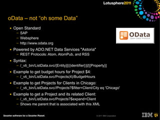 oData – not “oh some Data”
●   Open Standard
     ─   SAP
     ─   Websphere
     ─   http://www.odata.org
●   Powered by ADO.NET Data Services "Astoria"
     ─   REST Protocols: Atom, AtomPub, and RSS
●   Syntax:
     ─   /_vti_bin/ListData.svc/{Entity}[({identifier})]/[{Property}]
●   Example to get budget hours for Project $4:
     ─   /_vti_bin/ListData.svc/Projects(4)/BudgetHours
●   Example to get Projects for Clients in Chicago:
     ─   /_vti_bin/ListData.svc//Projects?$filter=Client/City eq 'Chicago'
●   Example to get a Project and its related Client:
     ─   /_vti_bin/ListData.svc/Projects?$expand=Client
     ─   Shows me parent that is associated with this XML


                                                             © 2011 IBM Corporation
 
