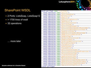 SharePoint WSDL
●   2 Ports: ListsSoap, ListsSoap12
●   > 1700 lines of wsdl
●   32 operations




    … more later




                                      © 2011 IBM Corporation
 