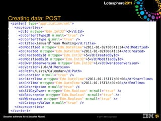 Creating data: POST
curl –ntlm --netrc
-d "{ Title: 'January Team Meeting', StartTime: '2011-01-15T17:00:00', EndTime:
'2011-01-15T18:00:00' }"
-H content-type:application/json
-X POST http://sharepoint/_vti_bin/ListData.svc/Calendar




                                                 © 2011 IBM Corporation
 