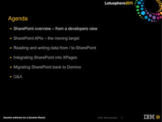 Agenda
●   SharePoint overview – from a developers view

●   SharePoint APIs – the moving target

●   Reading and writing data from / to SharePoint

●   Integrating SharePoint into XPages

●   Migrating SharePoint back to Domino

●   Q&A




                                                    © 2011 IBM Corporation   4
 