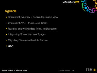 Agenda
●   Sharepoint overview – from a developers view

●   Sharepoint APIs – the moving target

●   Reading and writing data from / to Sharepoint

●   Integrating Sharepoint into Xpages

●   Migrating Sharepoint back to Domino

●   Q&A




                                                    © 2011 IBM Corporation   54
 