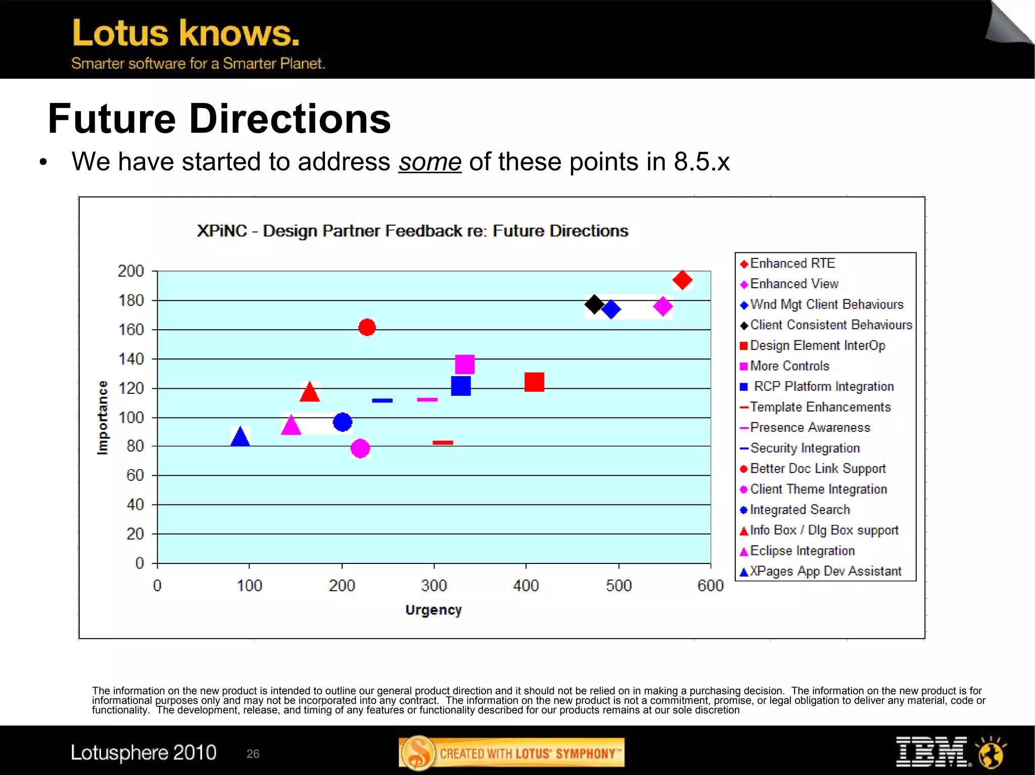 Future Directions
●   We have started to address some of these points in 8.5.x




     The information on the new product is intended to outline our general product direction and it should not be relied on in making a purchasing decision. The information on the new product is for
     informational purposes only and may not be incorporated into any contract. The information on the new product is not a commitment, promise, or legal obligation to deliver any material, code or
     functionality. The development, release, and timing of any features or functionality described for our products remains at our sole discretion



                                      26
 