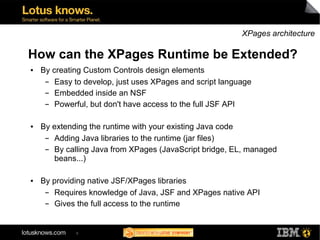 XPages architecture

How can the XPages Runtime be Extended?
●   By creating Custom Controls design elements
     ▬  Easy ...