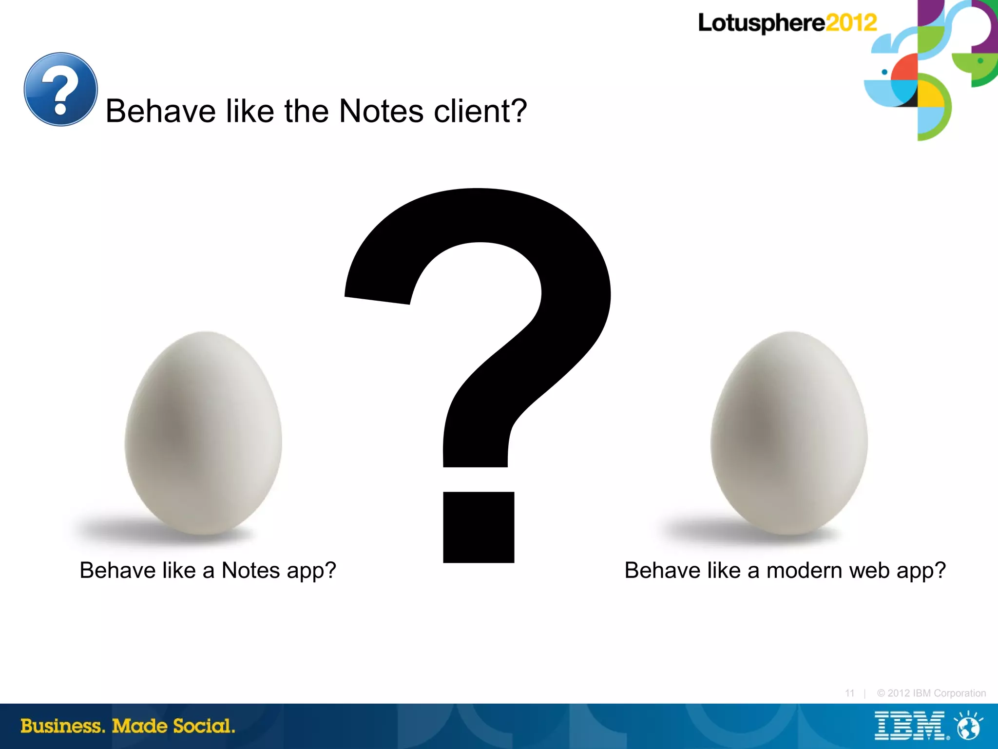 Behave like the Notes client?




                      ?
Behave like a Notes app?          Behave like a modern web app?




                                                     11 |   © 2012 IBM Corporation
 