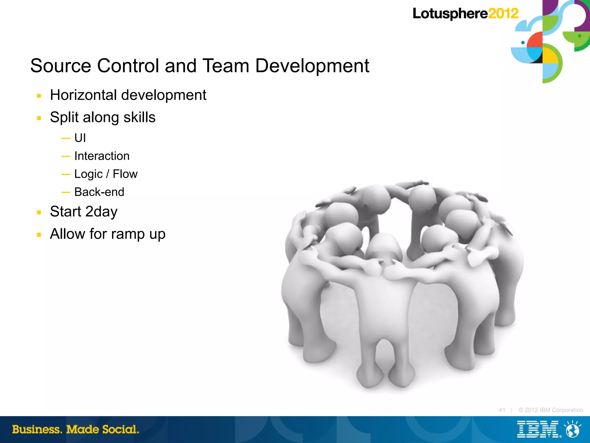 Source Control and Team Development
■   Horizontal development
■   Split along skills
     ─ UI
     ─ Interaction
     ─ Logic / Flow
     ─ Back-end
■   Start 2day
■   Allow for ramp up




                                      41 |   © 2012 IBM Corporation
 