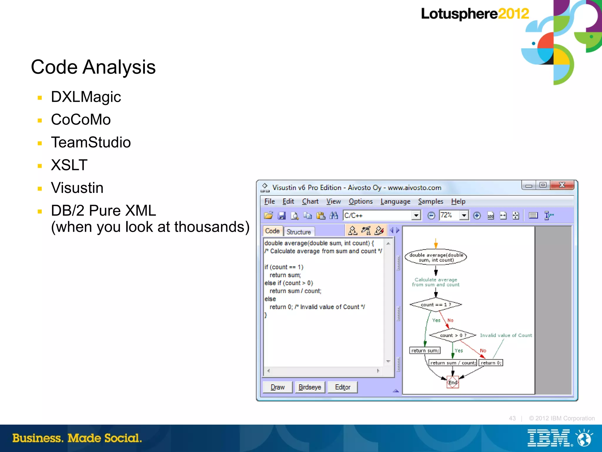 Code Analysis
■   DXLMagic
■   CoCoMo
■   TeamStudio
■   XSLT
■   Visustin
■   DB/2 Pure XML
    (when you look at thousands)




                                   43 |   © 2012 IBM Corporation
 