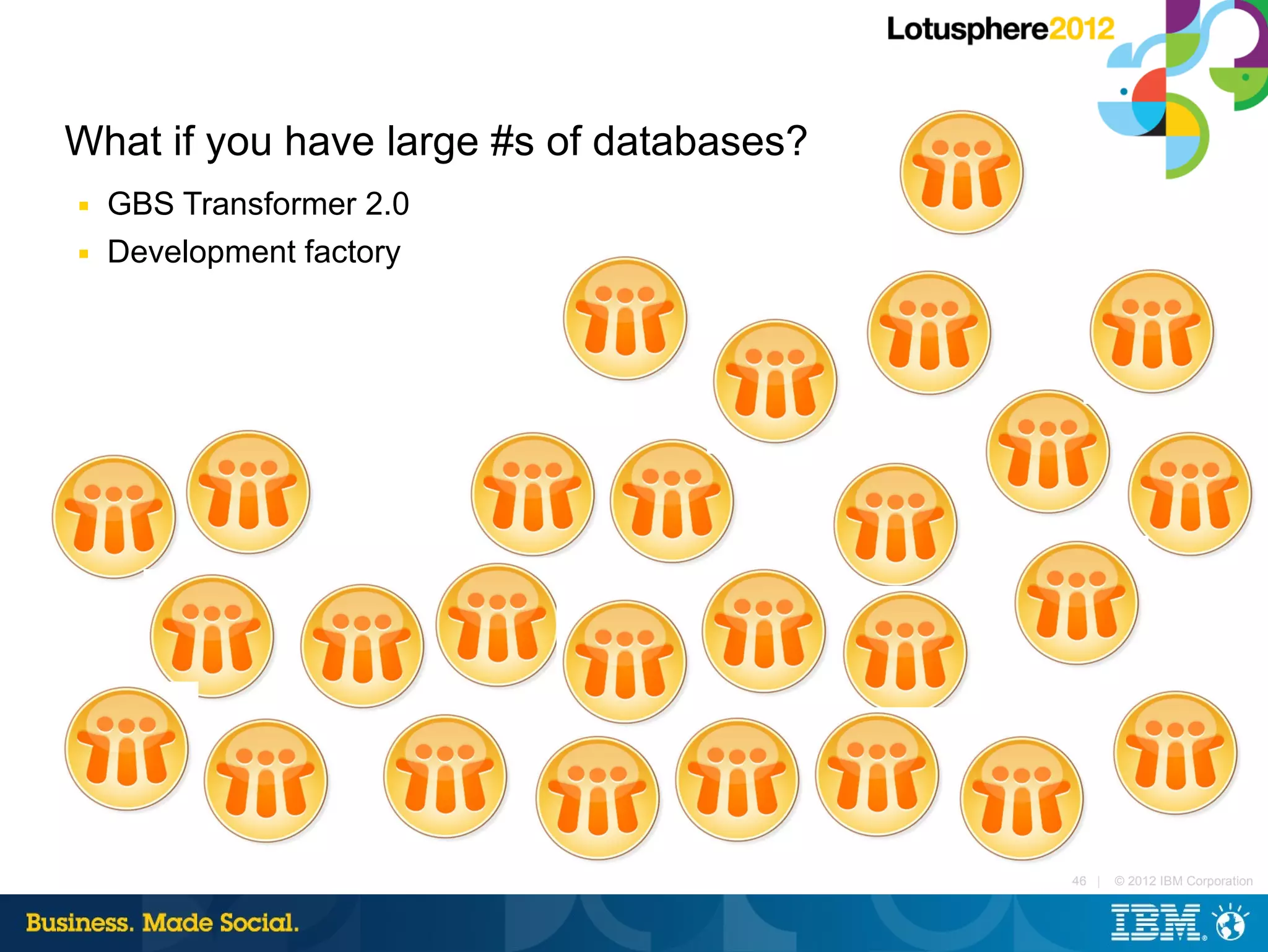 What if you have large #s of databases?
■   GBS Transformer 2.0
■   Development factory




                                          46 |   © 2012 IBM Corporation
 