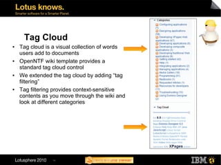 Tag Cloud
●   Tag cloud is a visual collection of words
    users add to documents
●   OpenNTF wiki template provides a
    standard tag cloud control
●   We extended the tag cloud by adding “tag
    filtering”
●   Tag filtering provides context-sensitive
    contents as you move through the wiki and
    look at different categories




                14
 