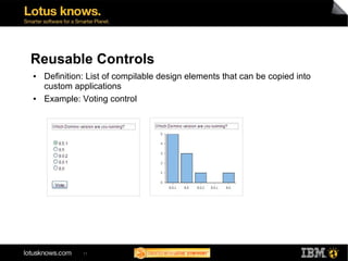 Reusable Controls
●   Definition: List of compilable design elements that can be copied into
    custom applications
●   Example: Voting control




              11
 