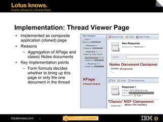 Implementation: Thread Viewer Page
●   Implemented as composite
    application (cloned) page
●   Reasons
     ▬ Aggregation of XPage and
       classic Notes documents
●   Key implementation points
     ▬ Form formula decides
       whether to bring up this
       page or only the one
       document in the thread




            23
 