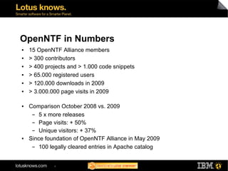 OpenNTF in Numbers
●   15 OpenNTF Alliance members
●   > 300 contributors
●   > 400 projects and > 1.000 code snippets
●   > 65.000 registered users
●   > 120.000 downloads in 2009
●   > 3.000.000 page visits in 2009

●   Comparison October 2008 vs. 2009
     ▬  5 x more releases
     ▬  Page visits: + 50%
     ▬  Unique visitors: + 37%
●   Since foundation of OpenNTF Alliance in May 2009
     ▬  100 legally cleared entries in Apache catalog


             4
 