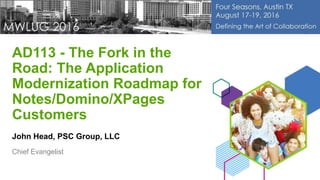 AD113 - The Fork in the
Road: The Application
Modernization Roadmap for
Notes/Domino/XPages
Customers
John Head, PSC Group, LLC
Chief Evangelist
 