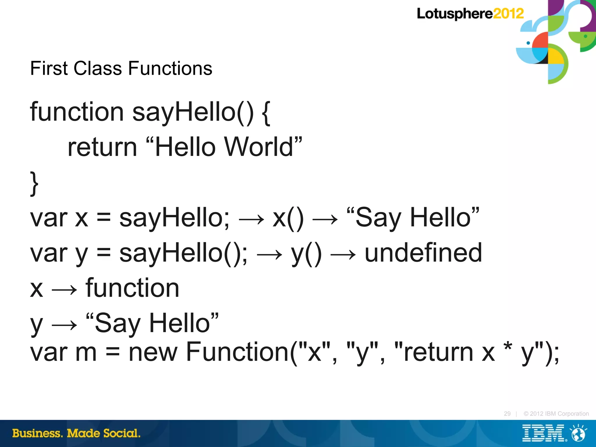 First Class Functions

function sayHello() {
   return “Hello World”
}
var x = sayHello; → x() → “Say Hello”
var y = sayHello(); → y() → undefined
x → function
y → “Say Hello”
var m = new Function("x", "y", "return x * y");

                                          29 |   © 2012 IBM Corporation
 