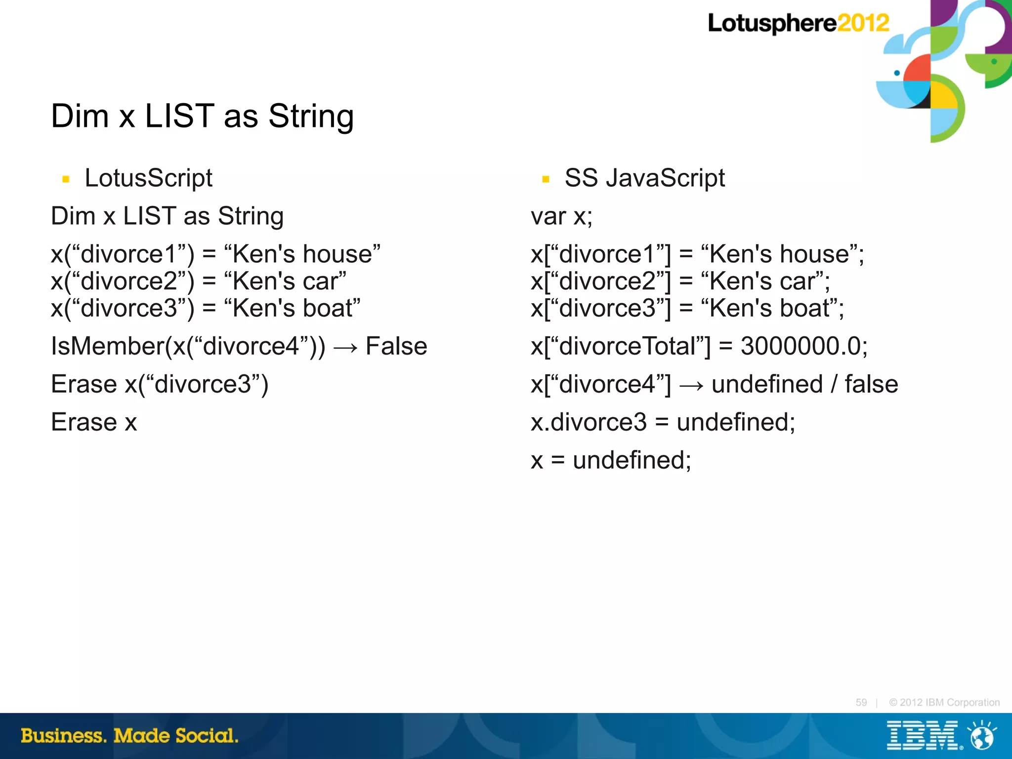 Dim x LIST as String
■  LotusScript                    ■  SS JavaScript
Dim x LIST as String              var x;
x(“divorce1”) = “Ken's house”     x[“divorce1”] = “Ken's house”;
x(“divorce2”) = “Ken's car”       x[“divorce2”] = “Ken's car”;
x(“divorce3”) = “Ken's boat”      x[“divorce3”] = “Ken's boat”;
IsMember(x(“divorce4”)) → False   x[“divorceTotal”] = 3000000.0;
Erase x(“divorce3”)               x[“divorce4”] → undefined / false
Erase x                           x.divorce3 = undefined;
                                  x = undefined;




                                                               59 |   © 2012 IBM Corporation
 