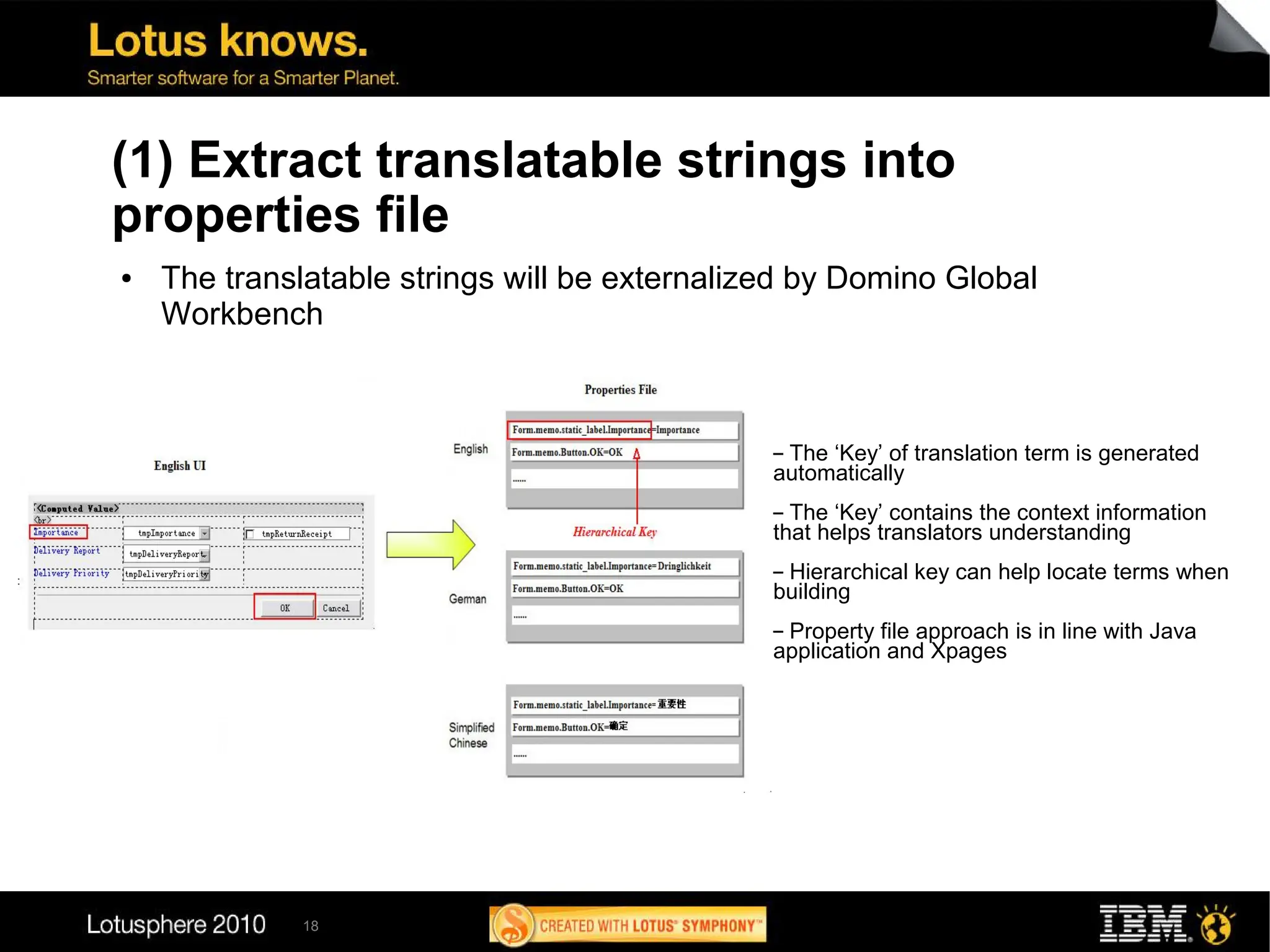 (1) Extract translatable strings into
properties file
●   The translatable strings will be externalized by Domino Global
    Workbench



                                               ▬The ‘Key’ of translation term is generated
                                               automatically
                                               ▬ The ‘Key’ contains the context information
                                               that helps translators understanding
                                               ▬Hierarchical key can help locate terms when
                                               building
                                               ▬Property file approach is in line with Java
                                               application and Xpages




              18
 