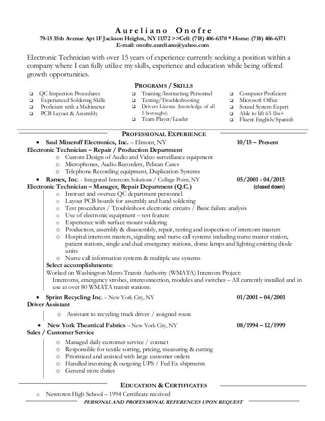 resume for electronic technician