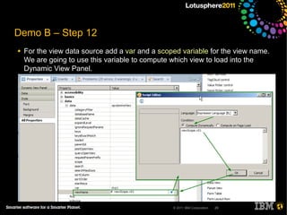 Demo B – Step 12
●   For the view data source add a var and a scoped variable for the view name.
    We are going to use this variable to compute which view to load into the
    Dynamic View Panel.




                                                 © 2011 IBM Corporation   29
 