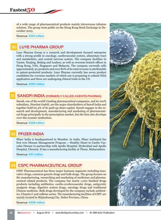 of a wide range of pharmaceutical products mainly intravenous infusion
solution. The group went public on the Hong Kong Stock Exchange in De-
cember 2005.
Revenue: $333 million
30   LUYE PHARMA GROUP
Luye Pharma Group is a research and development focused enterprise
with a strong profile in oncology, cardiovascular system, alimentary tract
and metabolism, and central nervous system. The company facilities in
Yantai, Nanjing, Beijing and Luzhou; as well as overseas branch offices in
Hong Kong, USA, Singapore and Malaysia. The company currently sells
approximately 30 products and over 80% of its total revenue is attributable
to patent-protected products. Luye Pharma currently has seven product
candidates for overseas markets of which one is preparing to submit NDA
application and three are undergoing clinical trials in the US.
Revenue: $330 million
31   SANOFI INDIA (FORMERLY CALLED AVENTIS PHARMA)
Sanofi, one of the world's leading pharmaceutical companies, and its 100%
subsidiary, Hoechst GmbH, are the major shareholders of Sanofi India and
together hold 60.4% of its paid-up share capital. Sanofi engages in the re-
search and development, manufacturing and marketing of pharmaceuti-
cal drugs principally in the prescription market, but the firm also develops
over-the-counter medication.
Revenue: $328 million
32   PFIZER INDIA
Pfizer India is headquartered in Mumbai. In India, Pfizer instituted the
first ever Disease Management Program -- Healthy Heart in Cardio Vas-
cular Disease in partnership with Apollo Hospital, Hyderabad and Apollo
Hospital, Chennai. It has a manufacturing facility at Thane, Maharashtra.
Revenue: $311 million
33   CSPC PHARMACEUTICAL GROUP
CSPC Pharmaceutical has three major business segments including inno-
vative drugs, common generic drugs and bulk drugs. The group focuses on
the manufacturing, researching and marketing of medicines and pharma-
ceutical related products. The company has nearly 1,000 finished drugs
products including antibiotics, cardio-cerebrovascular drugs, antipyretic
analgesic drugs, digestive system drugs, oncology drugs and traditional
Chinese medicine. Bulk drugs developed by the company include antibiot-
ics, Vitamin C and caffeine series. The manufacturing facilities of CSPC are
mainly located in Shijiazhuang City, Hebei Province, China.
Revenue: $308 million
22   BioSpectrum | August 2016 | www.BioSpectrumAsia.com | An MM Activ Publication
Fastest50
 