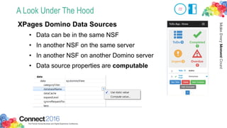 A Look Under The Hood
XPages Domino Data Sources
• Data can be in the same NSF
• In another NSF on the same server
• In another NSF on another Domino server
• Data source properties are computable
 
