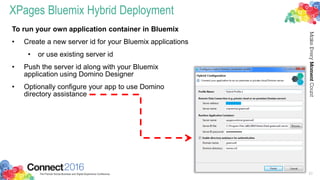XPages Bluemix Hybrid Deployment
20
To run your own application container in Bluemix
• Create a new server id for your Bluemix applications
• or use existing server id
• Push the server id along with your Bluemix
application using Domino Designer
• Optionally configure your app to use Domino
directory assistance
 