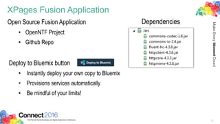 XPages Fusion Application
Open Source Fusion Application
• OpenNTF Project
• Github Repo
Deploy to Bluemix button
• Instantly deploy your own copy to Bluemix
• Provisions services automatically
• Be mindful of your limits!
25
Dependencies
 
