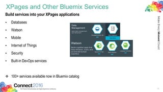 XPages and Other Bluemix Services
26
Build services into your XPages applications
• Databases
• Watson
• Mobile
• Internet of Things
• Security
• Built-in DevOps services
 100+ services available now in Bluemix catalog
 