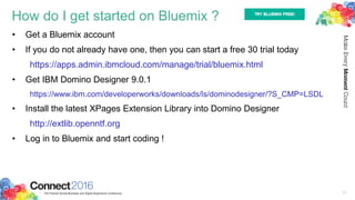 How do I get started on Bluemix ?
• Get a Bluemix account
• If you do not already have one, then you can start a free 30 trial today
https://apps.admin.ibmcloud.com/manage/trial/bluemix.html
• Get IBM Domino Designer 9.0.1
https://www.ibm.com/developerworks/downloads/ls/dominodesigner/?S_CMP=LSDL
• Install the latest XPages Extension Library into Domino Designer
http://extlib.openntf.org
• Log in to Bluemix and start coding !
35
 