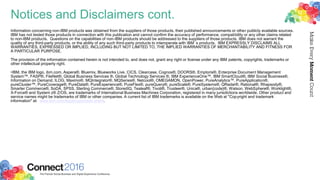 Notices and Disclaimers cont.
Information concerning non-IBM products was obtained from the suppliers of those products, their published announcements or other publicly available sources.
IBM has not tested those products in connection with this publication and cannot confirm the accuracy of performance, compatibility or any other claims related
to non-IBM products. Questions on the capabilities of non-IBM products should be addressed to the suppliers of those products. IBM does not warrant the
quality of any third-party products, or the ability of any such third-party products to interoperate with IBM’s products. IBM EXPRESSLY DISCLAIMS ALL
WARRANTIES, EXPRESSED OR IMPLIED, INCLUDING BUT NOT LIMITED TO, THE IMPLIED WARRANTIES OF MERCHANTABILITY AND FITNESS FOR
A PARTICULAR PURPOSE.
The provision of the information contained herein is not intended to, and does not, grant any right or license under any IBM patents, copyrights, trademarks or
other intellectual property right.
•IBM, the IBM logo, ibm.com, Aspera®, Bluemix, Blueworks Live, CICS, Clearcase, Cognos®, DOORS®, Emptoris®, Enterprise Document Management
System™, FASP®, FileNet®, Global Business Services ®, Global Technology Services ®, IBM ExperienceOne™, IBM SmartCloud®, IBM Social Business®,
Information on Demand, ILOG, Maximo®, MQIntegrator®, MQSeries®, Netcool®, OMEGAMON, OpenPower, PureAnalytics™, PureApplication®,
pureCluster™, PureCoverage®, PureData®, PureExperience®, PureFlex®, pureQuery®, pureScale®, PureSystems®, QRadar®, Rational®, Rhapsody®,
Smarter Commerce®, SoDA, SPSS, Sterling Commerce®, StoredIQ, Tealeaf®, Tivoli®, Trusteer®, Unica®, urban{code}®, Watson, WebSphere®, Worklight®,
X-Force® and System z® Z/OS, are trademarks of International Business Machines Corporation, registered in many jurisdictions worldwide. Other product and
service names might be trademarks of IBM or other companies. A current list of IBM trademarks is available on the Web at "Copyright and trademark
information" at: www.ibm.com/legal/copytrade.shtml.
 