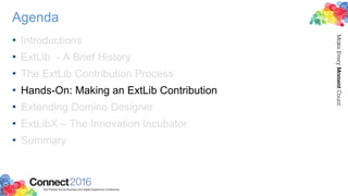 Agenda
• Introductions
• ExtLib - A Brief History
• The ExtLib Contribution Process
• Hands-On: Making an ExtLib Contribution
• Extending Domino Designer
• ExtLibX – The Innovation Incubator
• Summary
 