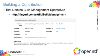Building a Contribution
• IBM Domino Build Management UpdateSite
 http://tinyurl.com/extlibBuildManagement
 