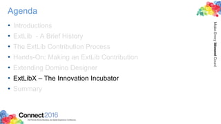 Agenda
• Introductions
• ExtLib - A Brief History
• The ExtLib Contribution Process
• Hands-On: Making an ExtLib Contribution
• Extending Domino Designer
• ExtLibX – The Innovation Incubator
• Summary
 
