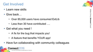 Get Involved
• Learn new skills
• Give back…
 Over 85,000 users have consumed ExtLib
 Less than 30 have contributed ….
• Get what you need !
 A fix for the bug that impacts you!
 A feature that benefits YOUR app!
• Have fun collaborating with community colleagues
 