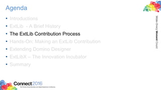 Agenda
• Introductions
• ExtLib - A Brief History
• The ExtLib Contribution Process
• Hands-On: Making an ExtLib Contribution
• Extending Domino Designer
• ExtLibX – The Innovation Incubator
• Summary
 