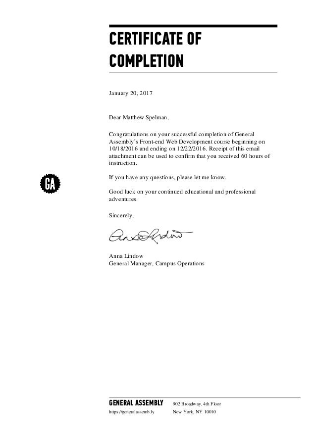 Certificate Of Completion General Assembly