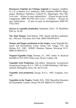 Ressources Végétales de l’Afrique tropicale 2, Légumes. Grubben,
G. J. H. et Denton, O.A. (Editeurs), 2004. Fondation PROTA, Wage-
ningen /Backhuys Publishers, Leiden/CTA, Wageningen, Pays Bas.
Livre seul: 40 pour les pays industrialises, 20 pour les pays au dé-
veloppement. ISBN 90-5782-149-4 Livre + CD-Rom: 50 pour les
pays industrialises, 25 pour les pays au développement. ISBN 90-
5782-150-8

Success in vegetable production, Sydenham, D.H.J. 19: MacMillan
Publ. (p. 26-30).

The Total Tomato, Fred Dubose, 1985. Harper and Row publishers
Inc., 10th east, 53rd street, New York. ISBN 0-06-091105-0

Tomato and Pepper production in the tropics, Asian Vegetable Re-
search and Development Center. Green, S.K. Griggs, T.D. and
Mclean, B.T., 1989. AVRDC, Shanhua, Thainan, Taiwan.pp 19-27.
ISBN 92-9058-037-2

Tropical Vegetable Crops, Norman, J.C., 1992. Arthur. H. Stockwel
ltd.ISBN 0-7223 2595-9 Elms court, Devon, London, UK.

Vegetable Seed Production, 2nd edition. Solanaceae, Lycopersicon
lycopersicon George, R.A.T., 1999. (L.) CABI Publishing, CAB Inter-
national, Wallingford, Oxon, UK. Pp 213-226

Vegetable seed production, George, R.A.T., 1985: Longman, Lon-
don.

Vegetables in the Tropics, Tindall, H.D., 1988, Macmillan Education
ltd. Houndmills, London, UK.pp 354-359. ISBN 0-333-24268-8




                            Bibliographie                       103
 