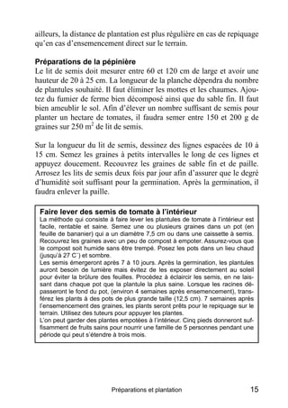 ailleurs, la distance de plantation est plus régulière en cas de repiquage
qu’en cas d’ensemencement direct sur le terrain.

Préparations de la pépinière
Le lit de semis doit mesurer entre 60 et 120 cm de large et avoir une
hauteur de 20 à 25 cm. La longueur de la planche dépendra du nombre
de plantules souhaité. Il faut éliminer les mottes et les chaumes. Ajou-
tez du fumier de ferme bien décomposé ainsi que du sable fin. Il faut
bien ameublir le sol. Afin d’élever un nombre suffisant de semis pour
planter un hectare de tomates, il faudra semer entre 150 et 200 g de
graines sur 250 m2 de lit de semis.

Sur la longueur du lit de semis, dessinez des lignes espacées de 10 à
15 cm. Semez les graines à petits intervalles le long de ces lignes et
appuyez doucement. Recouvrez les graines de sable fin et de paille.
Arrosez les lits de semis deux fois par jour afin d’assurer que le degré
d’humidité soit suffisant pour la germination. Après la germination, il
faudra enlever la paille.

 Faire lever des semis de tomate à l’intérieur
 La méthode qui consiste à faire lever les plantules de tomate à l’intérieur est
 facile, rentable et saine. Semez une ou plusieurs graines dans un pot (en
 feuille de bananier) qui a un diamètre 7,5 cm ou dans une caissette à semis.
 Recouvrez les graines avec un peu de compost à empoter. Assurez-vous que
 le compost soit humide sans être trempé. Posez les pots dans un lieu chaud
 (jusqu’à 27 C˚) et sombre.
 Les semis émergeront après 7 à 10 jours. Après la germination, les plantules
 auront besoin de lumière mais évitez de les exposer directement au soleil
 pour éviter la brûlure des feuilles. Procédez à éclaircir les semis, en ne lais-
 sant dans chaque pot que la plantule la plus saine. Lorsque les racines dé-
 passeront le fond du pot, (environ 4 semaines après ensemencement), trans-
 férez les plants à des pots de plus grande taille (12,5 cm). 7 semaines après
 l’ensemencement des graines, les plants seront prêts pour le repiquage sur le
 terrain. Utilisez des tuteurs pour appuyer les plantes.
 L’on peut garder des plantes empotées à l’intérieur. Cinq pieds donneront suf-
 fisamment de fruits sains pour nourrir une famille de 5 personnes pendant une
 période qui peut s’étendre à trois mois.




                           Préparations et plantation                          15
 